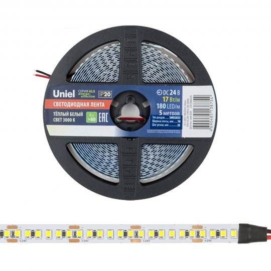 Светодиодная лента ULS-2835-180LED/m-10mm-IP20-DC24V-17W/m-5M-3000K RSP